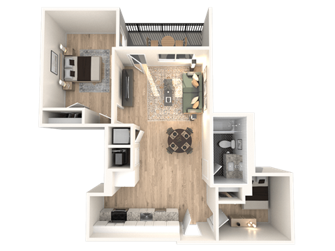 A 3D floor plan of a small apartment with a living room, kitchen, and bedroom.